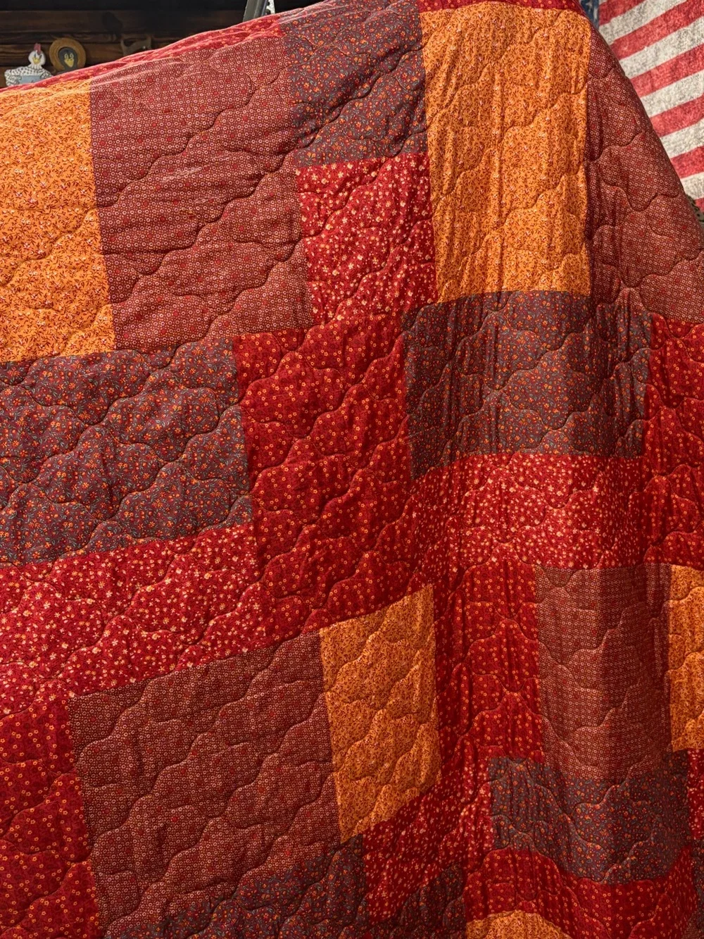 Warm Tones Patchwork Comforter in Red, Orange, and Brown
